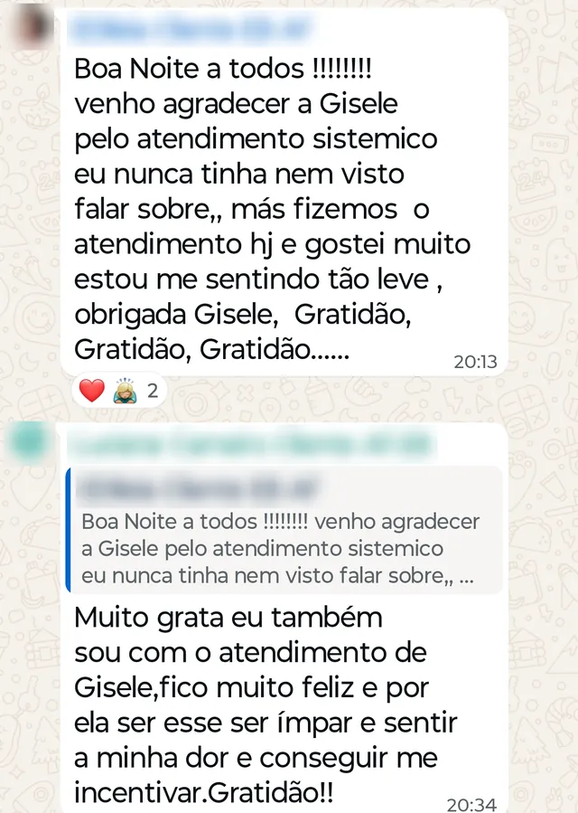 Depoimentos de duas clientes sobre o atendimento sistêmico com a Gizele