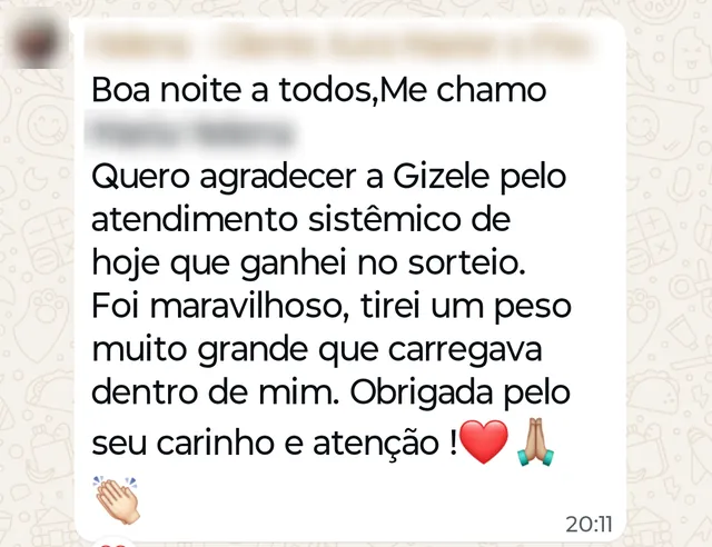 Depoimento de cliente sobre o atendimento sistêmico com a Gizele